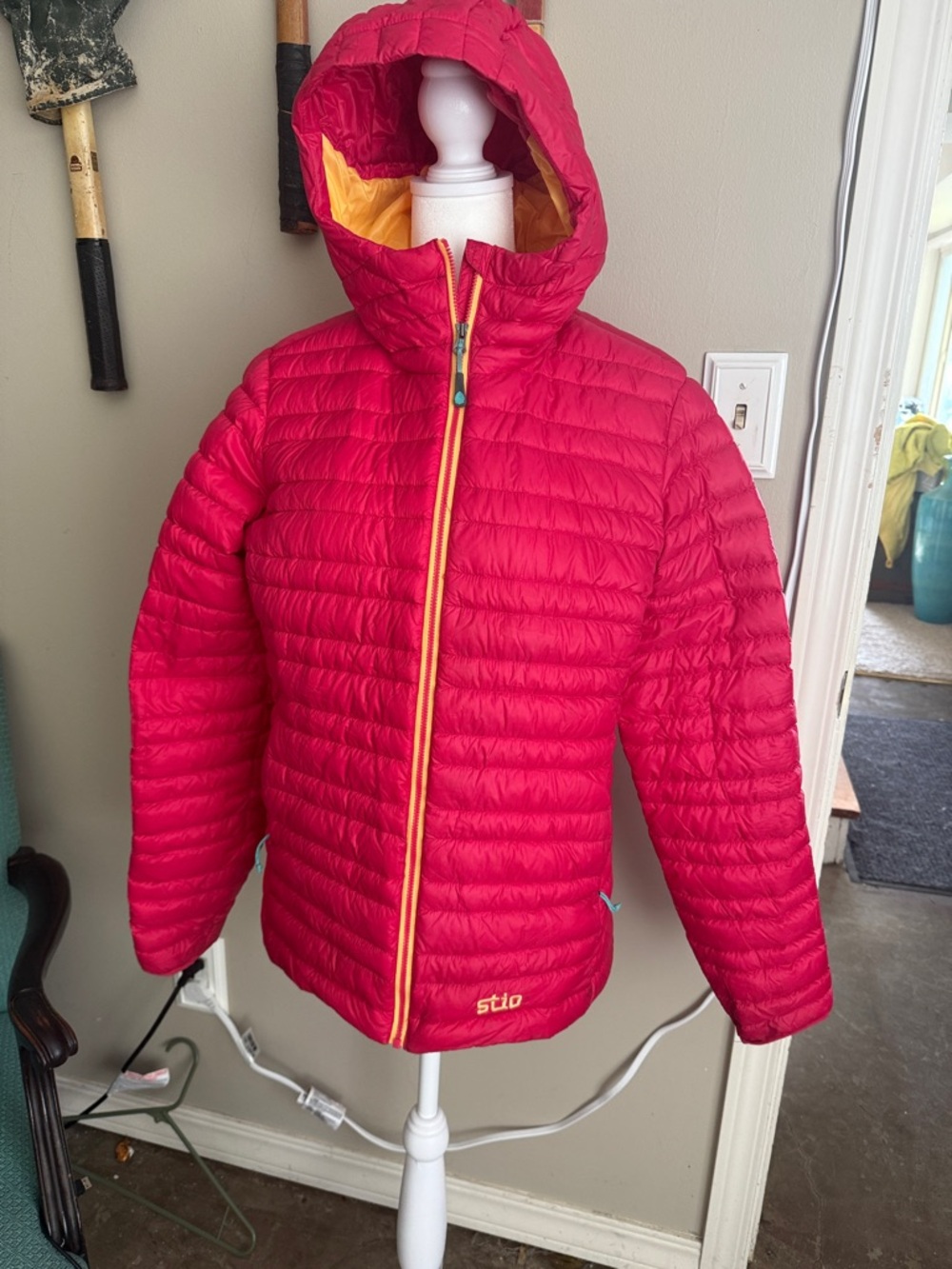 Stio Women's Pink Hooded Down Jacket with Yellow Trim - Picture 10 of 11